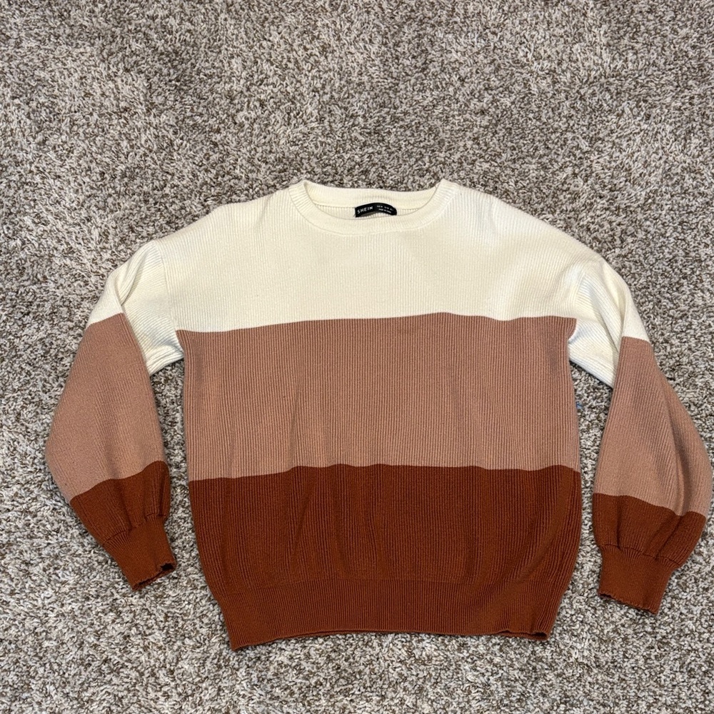SHEIN Women's Crewneck Sweater in Cream, Tan, and Brown